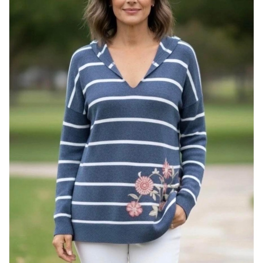 J. Jill Blue White Striped Floral Embroidered Hooded Sweater Petite XL PXL
